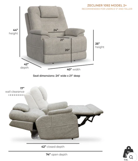 Zecliner Model 2+ Power Recliner with Headrest, Lumbar, Heat, & Massage - Furniture World SW (WA)
