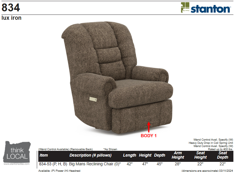 Stanton 834 Big Man Recliner – Shown in Lux Iron