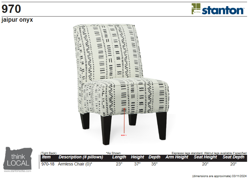 Stanton 970 Armless Chair – Shown in Jaipur Onyx - Furniture World SW (WA)