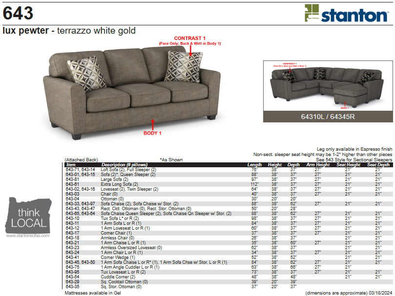 Stanton Furniture 643 Sofa - Shown in Lux Pewter