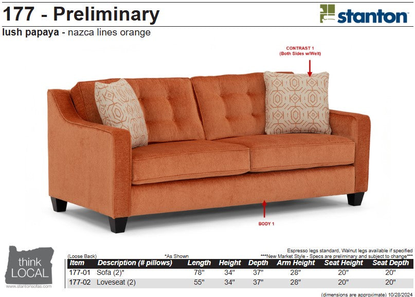 Stanton 177 Sofa - Shown in Lush Papaya